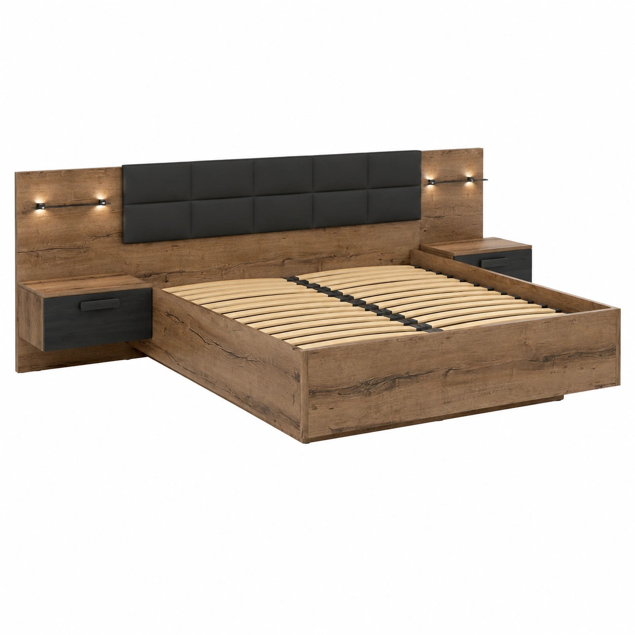 Lit coffre, en chêne, avec rangement, avec éclairage LED, avec sommier, coloris noir et marron, 180 x 200 cm, pour la chambre