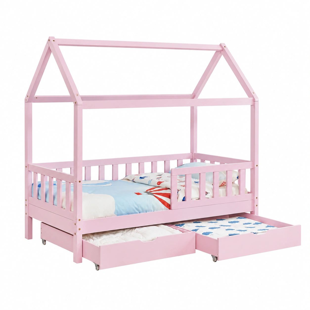 Lit cabane, en bois massif, avec tiroirs, avec sommier, coloris rose, 90 x 200 cm, pour la chambre d’enfant