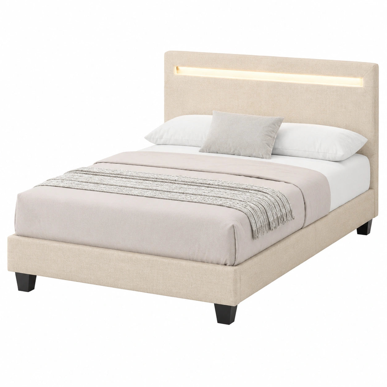 Lit, en métal, avec éclairage LED, avec sommier, coloris beige, 120 x 200 cm, pour la chambre