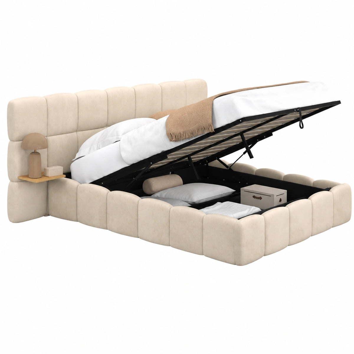 Lit coffre, avec sommier, en velours, coloris beige, 140 x 190 cm, pour la chambre