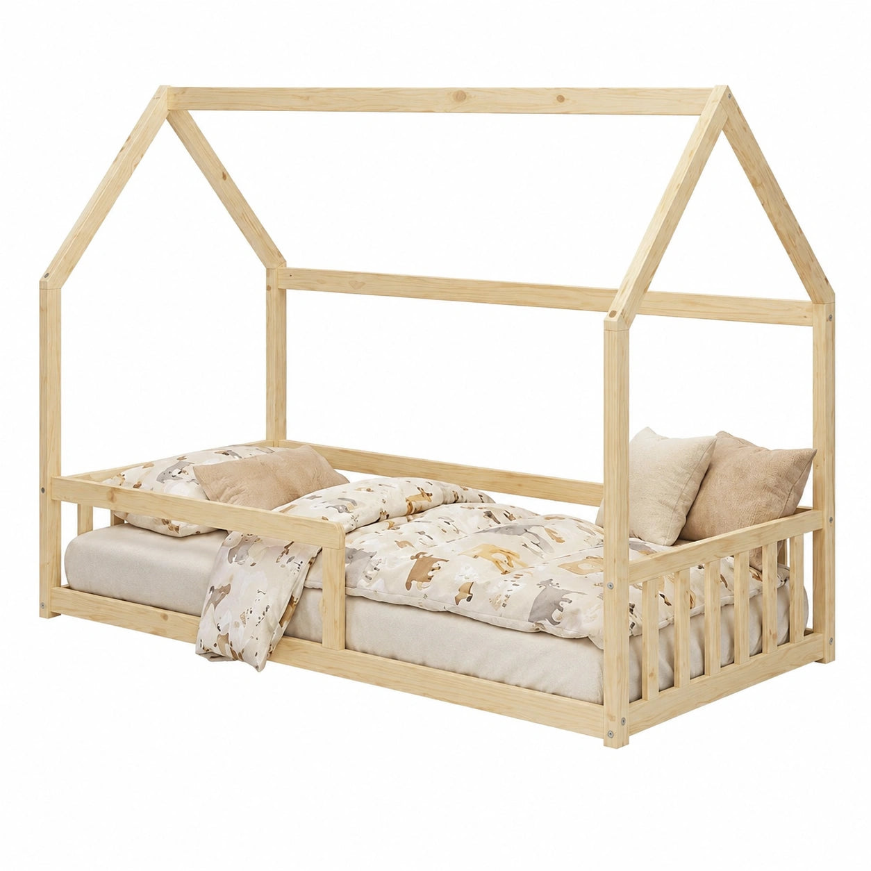 Lit cabane, avec barrière, avec sommier, coloris naturel, 90 x 190 cm, pour la chambre d’enfant