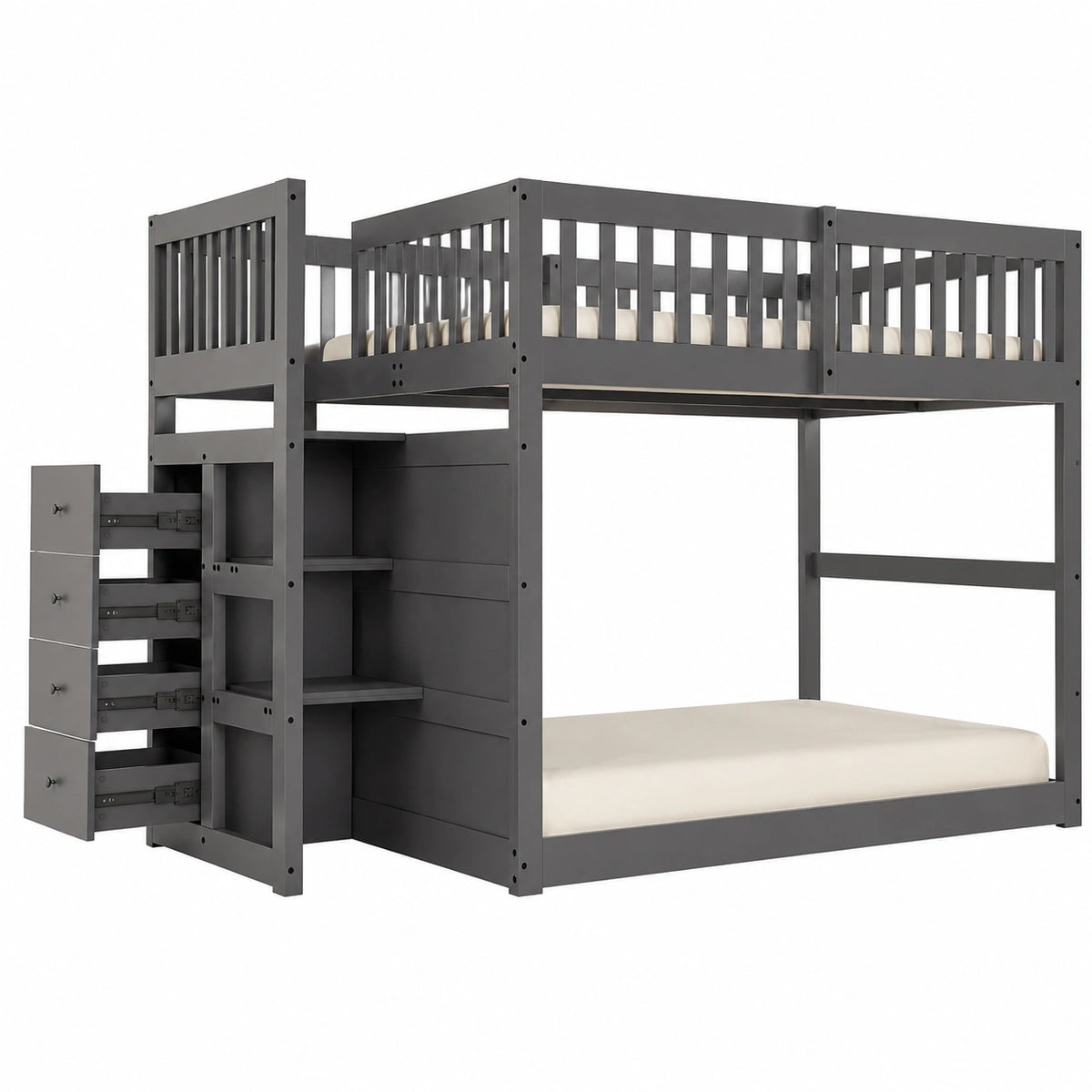 Lit gain de place, avec rangement, avec tiroirs, 2 places, coloris gris, pour la chambre