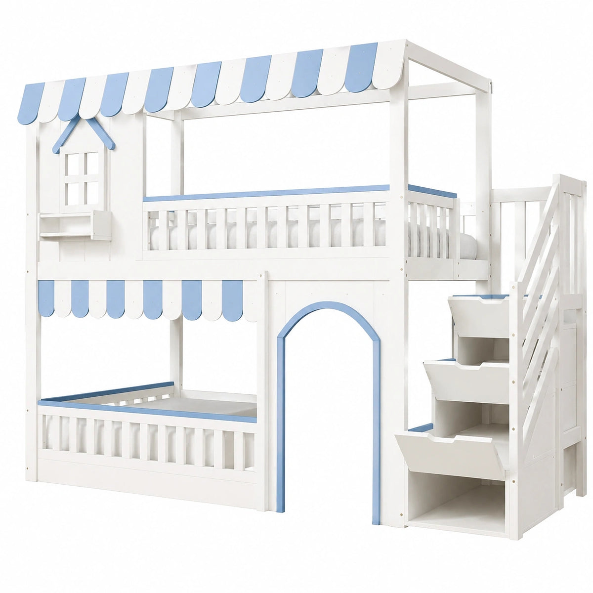 Lit gain de place, avec rangement, avec barrière, avec sommier, 1 place, 90 x 200 cm, coloris blanc et bleu, pour la chambre