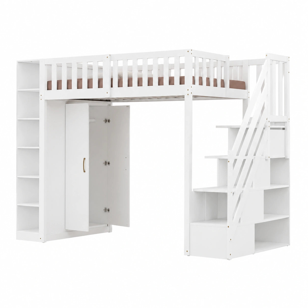 Lit gain de place, 1 place, avec rangement, avec étagères, avec barrière, coloris blanc, pour la chambre