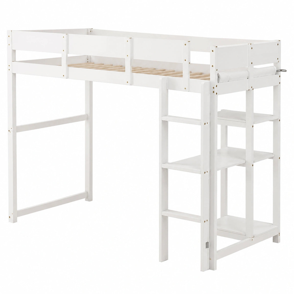 Lit gain de place, avec étagères, avec sommier, 1 place, 90 x 200 cm, coloris blanc, pour la chambre