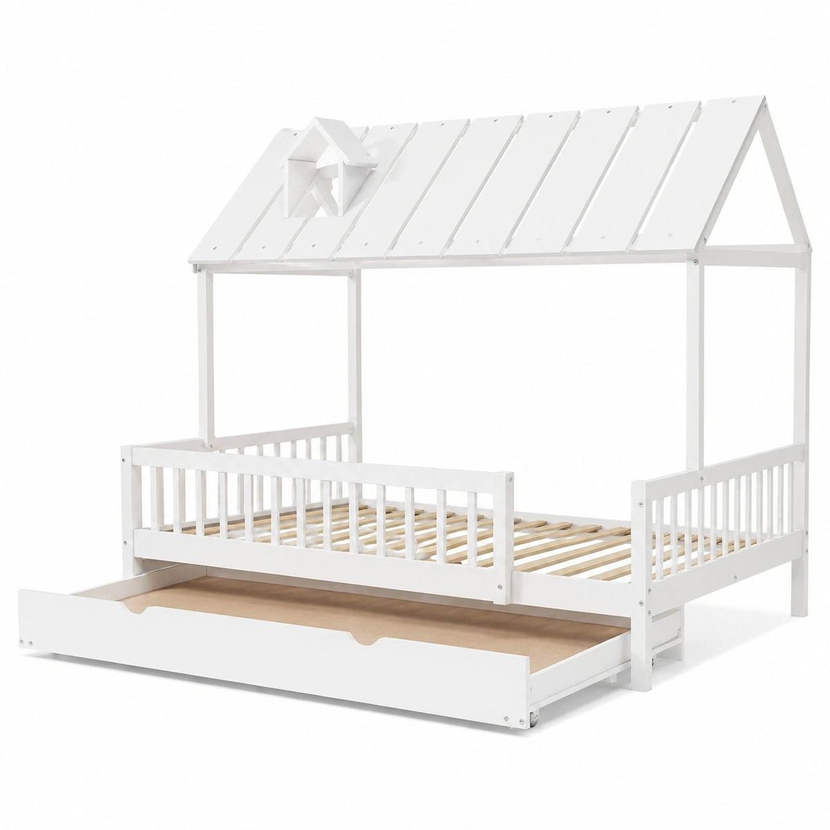Lit cabane, 120 x 200 cm, avec barrière, avec sommier, coloris blanc, pour la chambre d’enfant