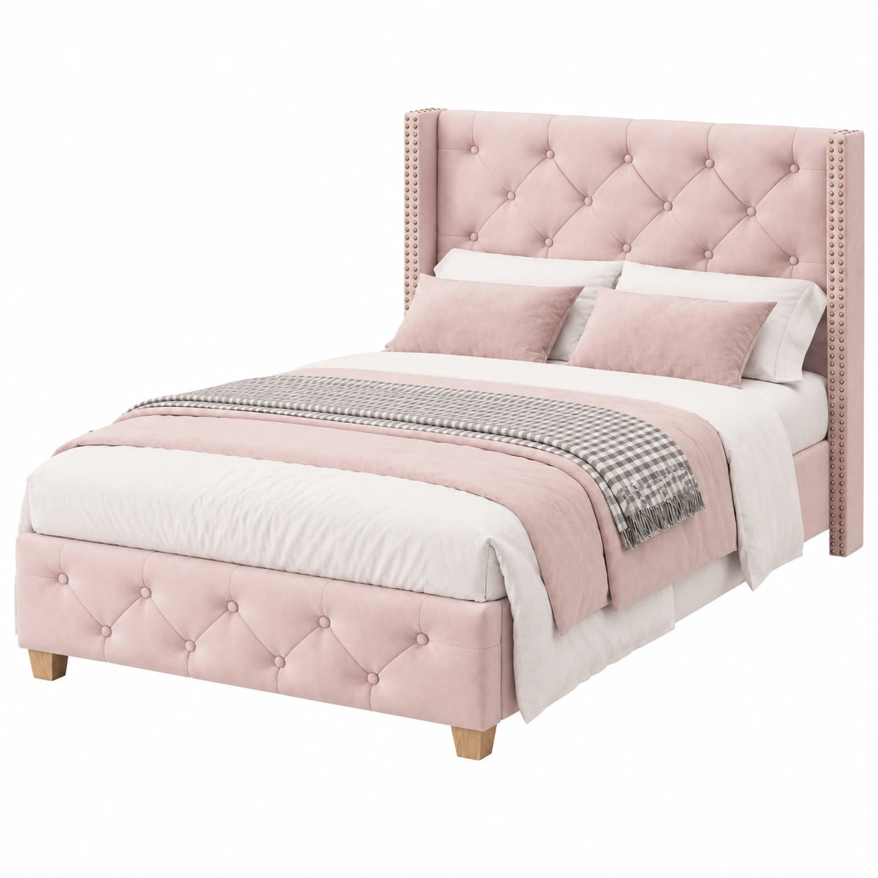 Lit, en velours et tissu, avec sommier, coloris rose, 1 place, 90 x 190 cm, pour la chambre